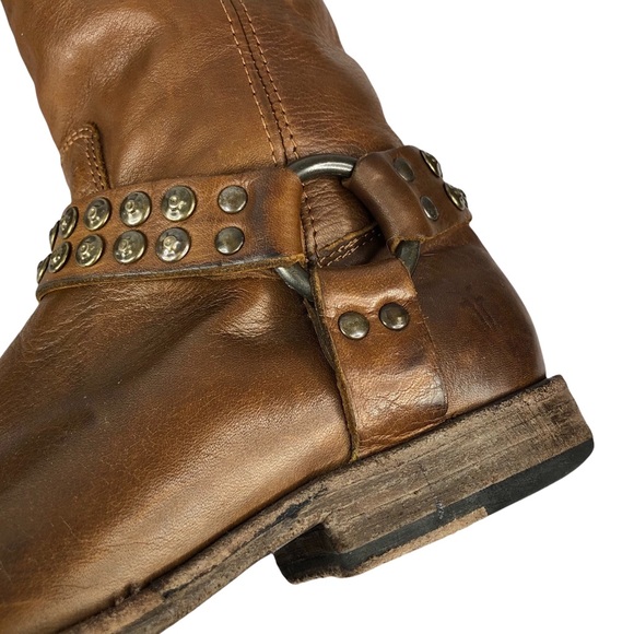 FRYE Phillip Studded Harness Tall Boot Soft Brown, Size 8 - Picture 2 of 16
